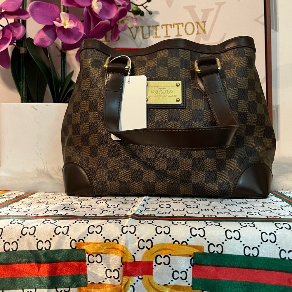 LV HAMPSTEAD PM SIZE Brown Checkered Designer Tote Bag
